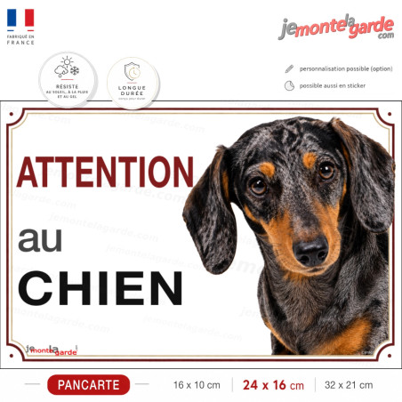 Pancarte Teckel à poil ras noir et feu arlequin "ATTENTION au CHIEN" pour portail, plaque PVC française durable