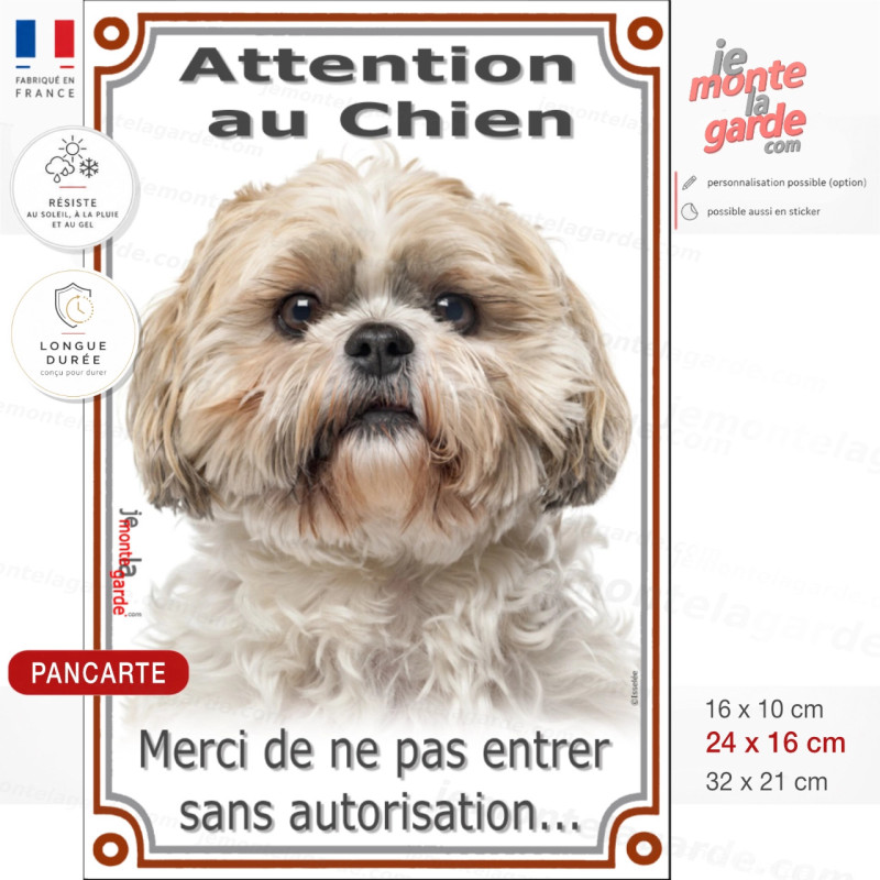 Shih-Tzu fauve, Plaque Portail verticale "Attention au Chien, merci de ne pas entrer sans autorisation" photo, résiste dehors Shih-Tzu fauve, Plaque Portail verticale "Attention au Chien, merci de ne pas entrer sans autorisation" photo, résiste dehors