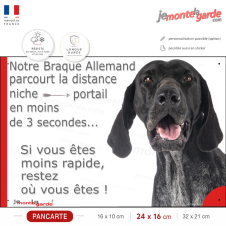 Braque Allemand noir et blanc, plaque humour "parcourt distance Niche-Portail moins 3 secondes, rapide" photo résiste intempérie