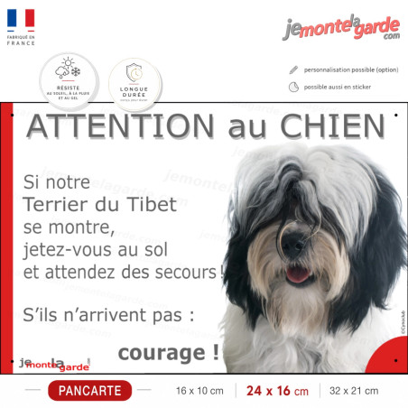Terrier du Tibet blanc et noir poils longs, plaque portail humour "Attention au Chien, Jetez Vous au Sol, attendez secours"