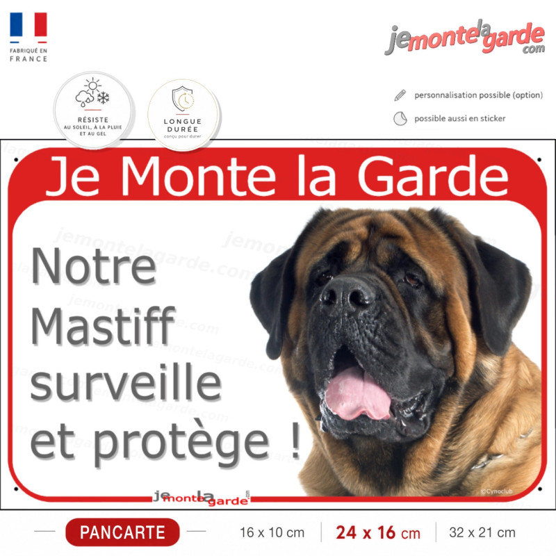Mastiff Fauve Tête, plaque portail rouge photo "Je Monte la Garde, notre Mastiff surveille et protège" visible de loin, résiste Mastiff Fauve Tête, plaque portail rouge photo "Je Monte la Garde, notre Mastiff surveille et protège" visible de loin, résiste