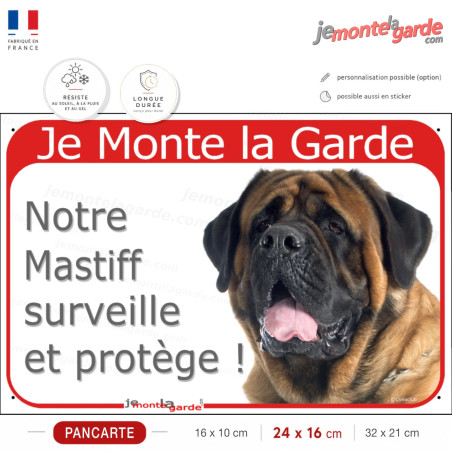 Plaque portail rouge "Je Monte la Garde, Notre Mastiff surveille et protège" 3 Tailles Plaque portail rouge "Je Monte la Garde, Notre Mastiff surveille et protège" 3 Tailles