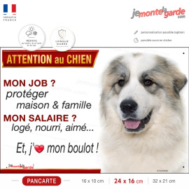 Montagne des Pyrénées avec taches, plaque Attention au Chien humour – mon job ? protéger maison & famille – j’aime mon job logé