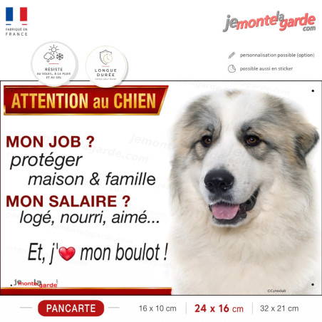 Montagne des Pyrénées avec taches, plaque Attention au Chien humour – mon job ? protéger maison & famille – j’aime mon job logé