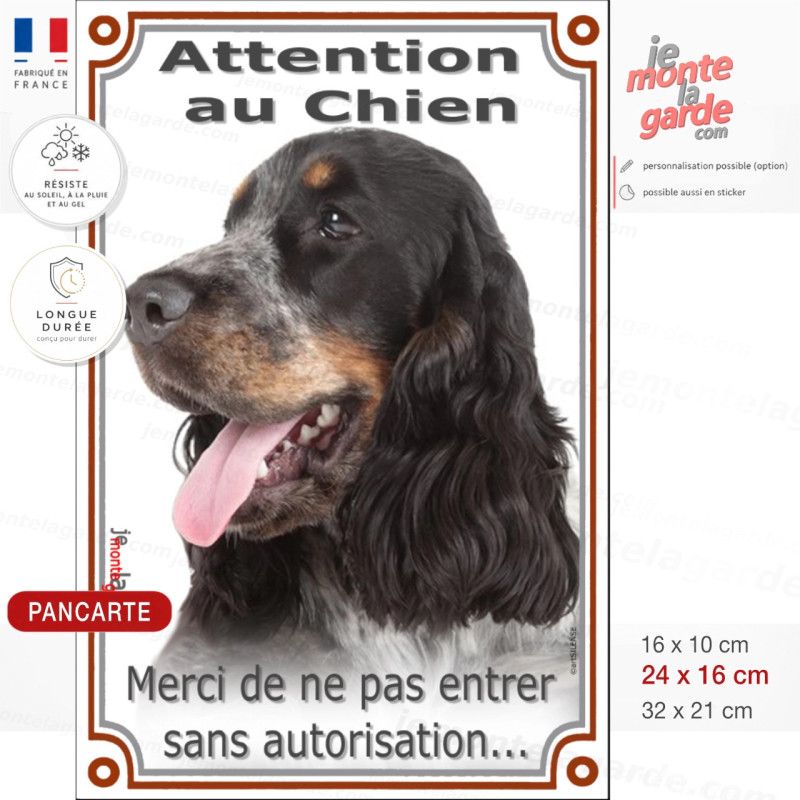 Cocker Anglais tricolore bleu roan et feu, Pancarte Portail Verticale "Attention au Chien, entrez pas sans autorisation" photo