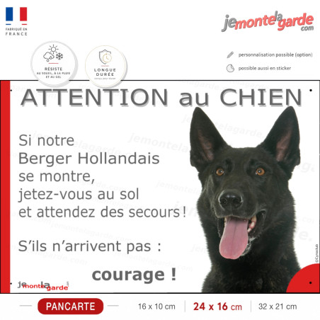 Berger Hollandais poil court, plaque portail humour "Attention au Chien, Jetez Vous au Sol, courage" photo dehors