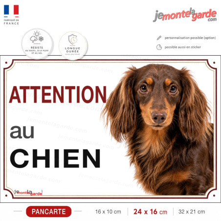 Pancarte Attention au chien Teckel à poil long chocolat et feu, 3 Tailles