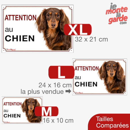 Pancarte Attention au chien Teckel à poil long chocolat et feu, 3 Tailles