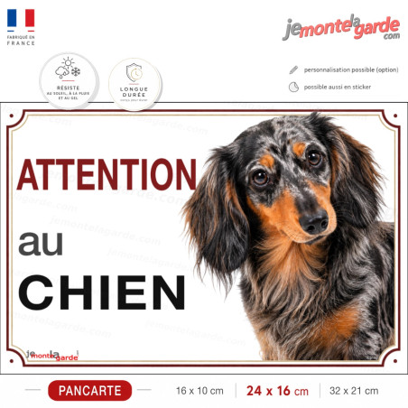Pancarte Teckel arlequin noir et feu "ATTENTION au CHIEN" pour portail, fabrication française durable