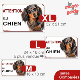 Pancarte "Attention au chien" Teckel à poil long arlequin, 4 Tailles