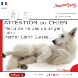 Plaque portail humour “Attention au Chien, merci de ne pas déranger notre Berger Blanc Suisse” avec photo, drôle et résistante