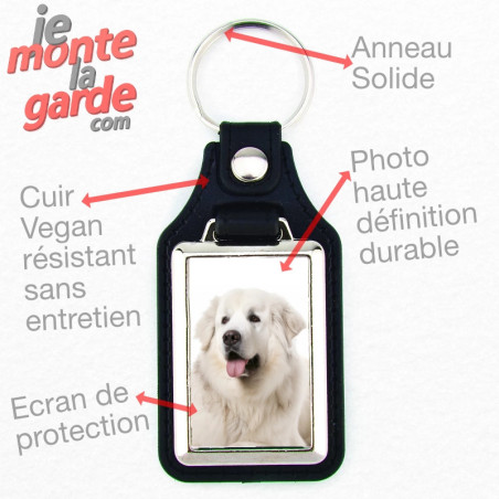 Porte-clés Patou cuir Vegan noir, "Photo haute définition durable", anneau solide, fabrication française