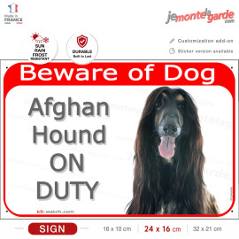 Black Afghan Hound On Duty sign with long fine silky coat and dark guard dog portrait for gates, fences and entrances.