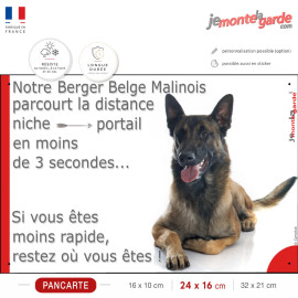 Malinois, plaque humour "parcourt distance Niche-Portail moins de 3 secondes, rapide" photo attention chien, résiste dehors