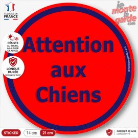 Sticker rond "Attention aux Chiens" rouge et bleu pour portail, adhésif durable fabriqué en France