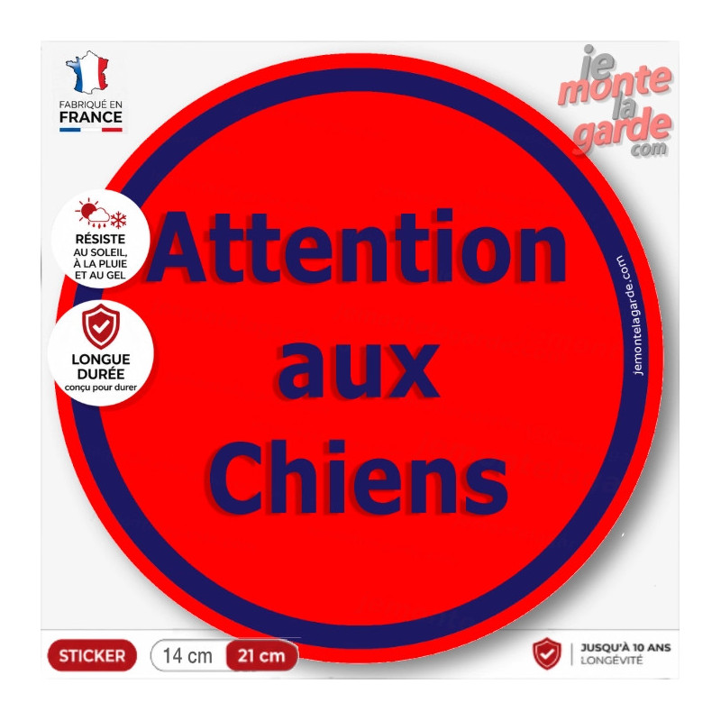 Sticker rond "Attention aux Chiens" rouge et bleu pour portail, adhésif durable fabriqué en France