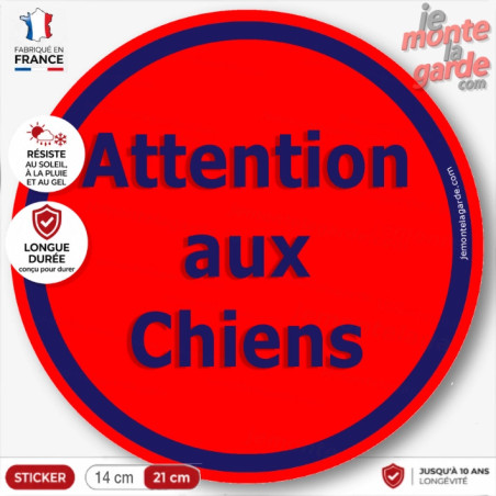 Sticker rond "Attention aux Chiens" rouge et bleu pour portail, adhésif durable fabriqué en France