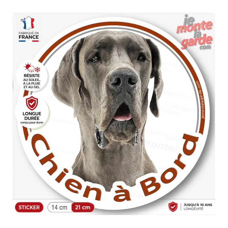 Dogue Allemand gris bleu, sticker autocollant rond "Chien à Bord" Disque adhésif photo Danois race Dogue Allemand gris bleu, sticker autocollant rond "Chien à Bord" Disque adhésif photo Danois race