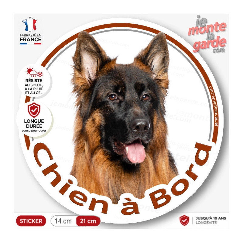 Berger Allemand poils long, disque autocollant rond "Chien à Bord" Sticker adhésif voiture photo noir et feu masque face noir Berger Allemand poils long, disque autocollant rond "Chien à Bord" Sticker adhésif voiture photo noir et feu masque face noir