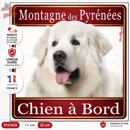Sticker Montagne des Pyrénées blanc "Chien à Bord" pour voiture, adhésif durable fabriqué en France