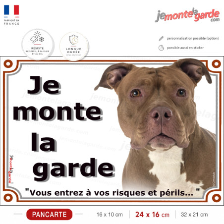 American Bully red nose, plaque portail "Je Monte la Garde, risques et périls" photo, résiste dehors