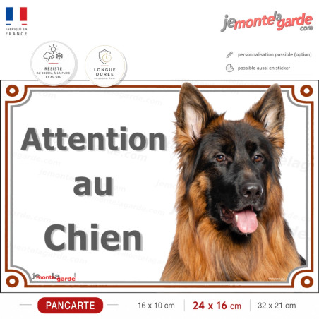 Berger Allemand noir et feu face noire poils longs, plaque portail "Attention au Chien" photo, résiste dehors