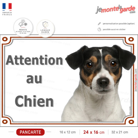 Jack Russell tricolore, plaque portail "Attention au Chien" 4 Tailles