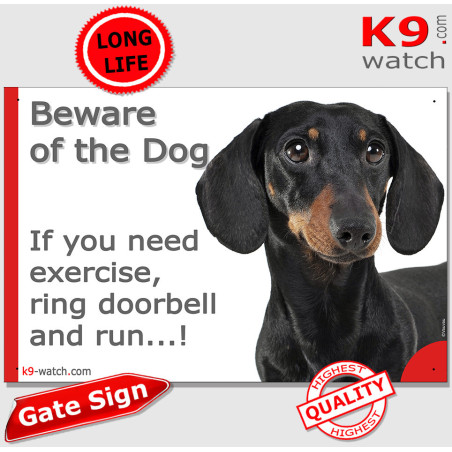 Funny black and tan smooth-haired Dachshund gate sign with doorbell joke, glossy coat and tan points for entrances and doors.