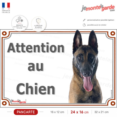 Berger Belge Malinois Tête, plaque portail photo extérieure "Attention au Chien" fabriquée en France, résiste intempéries