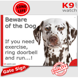 Funny liver-spotted Dalmatian gate sign with doorbell joke, brown spots, amber eyes and white short coat for entrances.