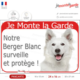 Berger Blanc Suisse, Plaque portail Rouge "Je Monte la Garde, surveille protège" photo, résiste pluie soleil gel, idée cadeau