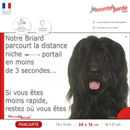 Briard noir, plaque humour "distance Niche-Portail, moins 3 secondes rapide" photo Berger de Brie, résiste dehors, idée cadeau
