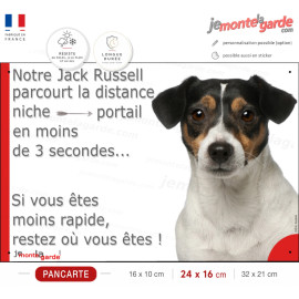 Jack Russell Terrier tricolore, plaque humour "parcourt distance Niche-Portail moins de 3 secondes" photo résiste intempéries