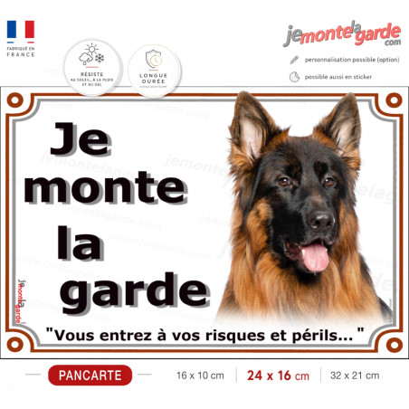 Berger Allemand à face noire poils longs, plaque portail photo "je Monte la Garde, vous entrez à vos risques et périls" résiste