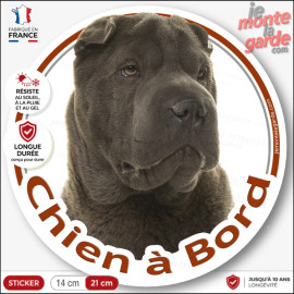 Shar-Peï lilas chocolat dilué, sticker autocollant rond "Chien à Bord" Disque adhésif vitre voiture photo, résiste dehors