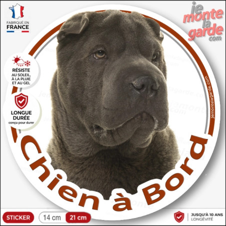 Shar-Peï lilas chocolat dilué, sticker autocollant rond "Chien à Bord" Disque adhésif vitre voiture photo, résiste dehors