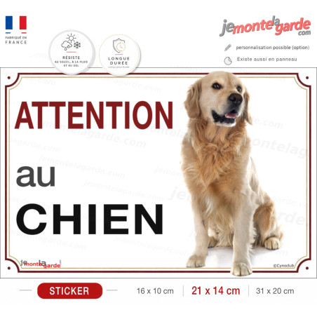 Sticker Golden Retriever or "ATTENTION au CHIEN" pour portail, fabrication française durable