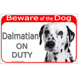 Black-spotted Dalmatian On Duty gate sign with white short coat, black spots and alert portrait for gates, fences and entrances.