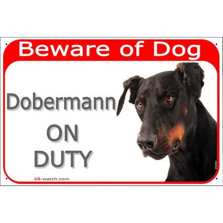 Black and Tan Dobermann On Duty gate sign featuring an alert profile, amber eyes and sleek athletic appearance.