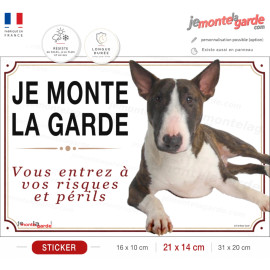 Sticker Bull Terrier bringé "JE MONTE LA GARDE" et "Vous entrez à vos risques et périls" pour portail