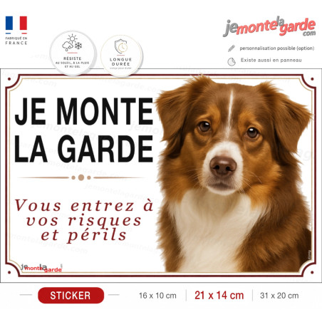 Sticker Berger Américain Miniature rouge "JE MONTE LA GARDE" pour portail, fabrication française durable