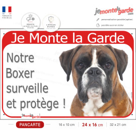 Boxer Fauve Tête, plaque portail rouge "Je Monte la Garde, surveille et protège" photo, bien visible, résiste dehors