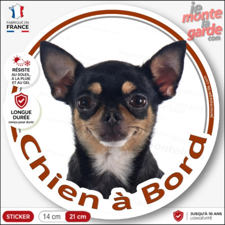 Chihuahua noir et feu poils courts, sticker autocollant rond "Chien à Bord" disque photo adhésif vitre voiture, résiste dehors