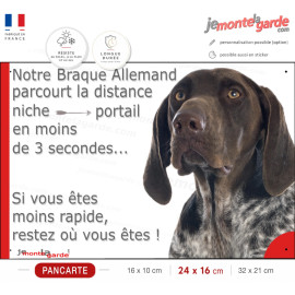 Braque Allemand marron foie, plaque humour "parcourt distance Niche-Portail moins 3 secondes, rapide" photo résiste intempéries