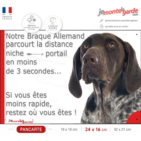 Braque Allemand marron foie, plaque humour "parcourt distance Niche-Portail moins 3 secondes, rapide" photo résiste intempéries