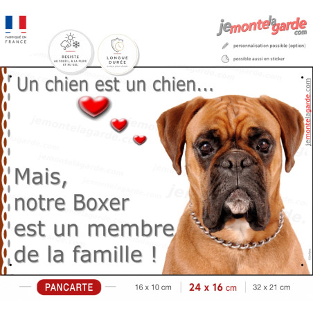 Boxer Fauve tête, plaque "un chien est un membre de la famille" photo attention, résiste dehors,  idée cadeau