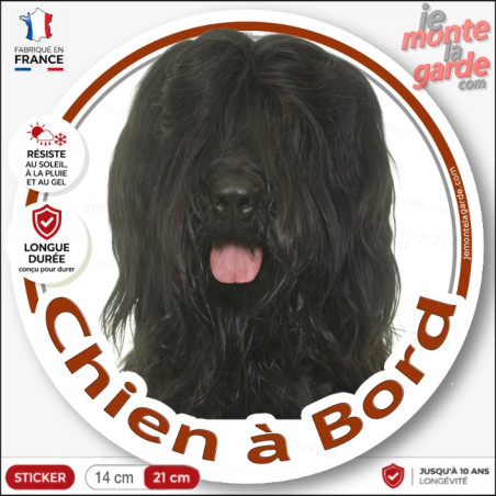 Briard, Berger de Brie noir Tête, sticker autocollant rond "Chien à Bord" Disque adhésif vitre voiture, résiste dehors