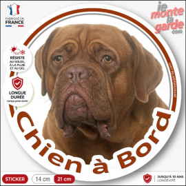 Dogue de Bordeaux face rouge Tête, sticker autocollant rond "Chien à Bord" Disque adhésif vitre voiture photo résiste dehros