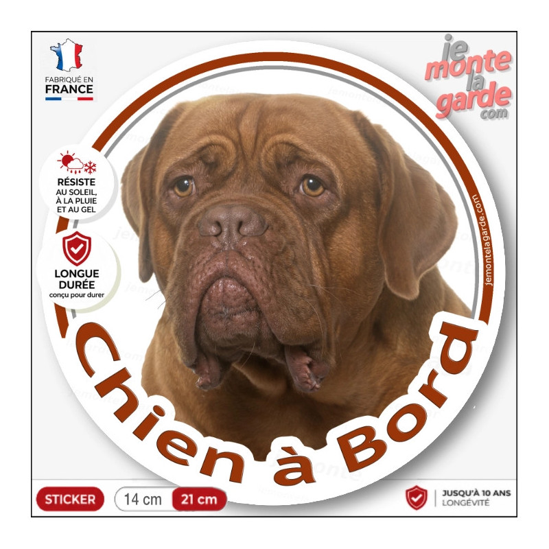 Dogue de Bordeaux face rouge Tête, sticker autocollant rond "Chien à Bord" Disque adhésif vitre voiture photo résiste dehros