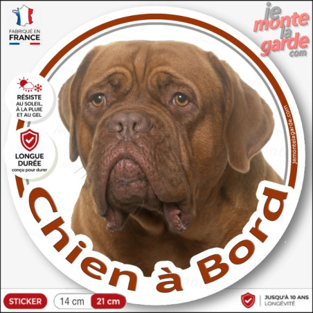 Dogue de Bordeaux, sticker voiture rond "Chien à Bord" 2 Tailles